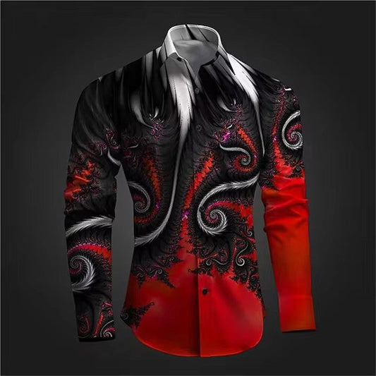 Fashion casual vintage long sleeve shirt with intricate red and black patterns.