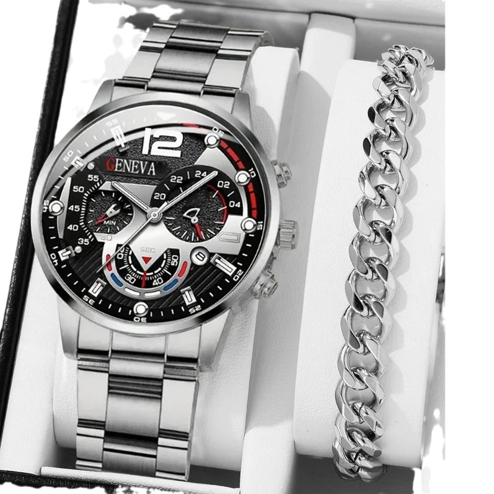 Men's Temperament Business Watch in silver with monochrome bracelet, set against a stylish gift box.