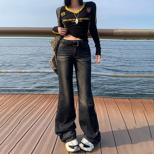 Neu Frauen Low-Waist Skinny Jeans Gerade Lose Breite Bein