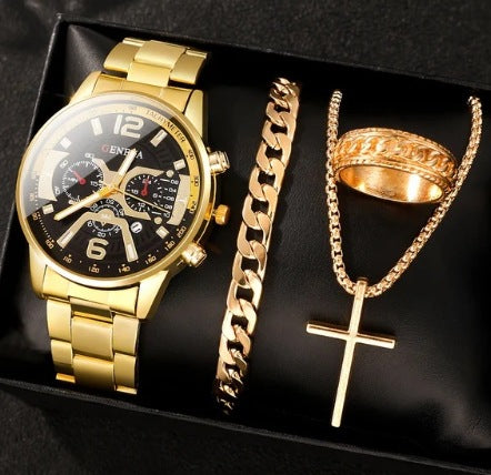 Men's Temperament Business Watch in gold with bracelet, necklace, and ring set.