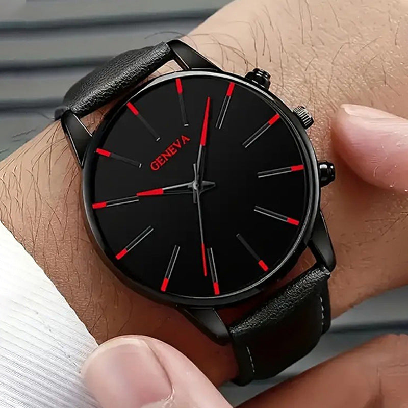 Waterproof senior electronic quartz watch with black dial and red accents, featuring a spiral crown and stainless steel pin buckle.