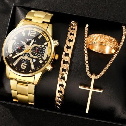 Men's Temperament Business Watch set in gold with bracelet, necklace, and ring.