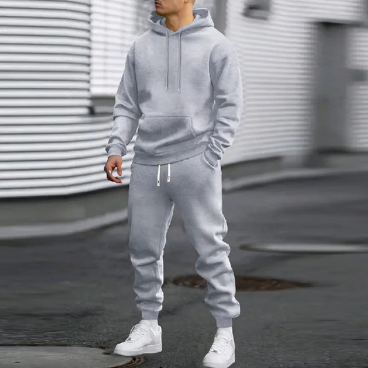 Men's CASUAL Sports SUIT Solid Color Hoodie With Gridles Pants