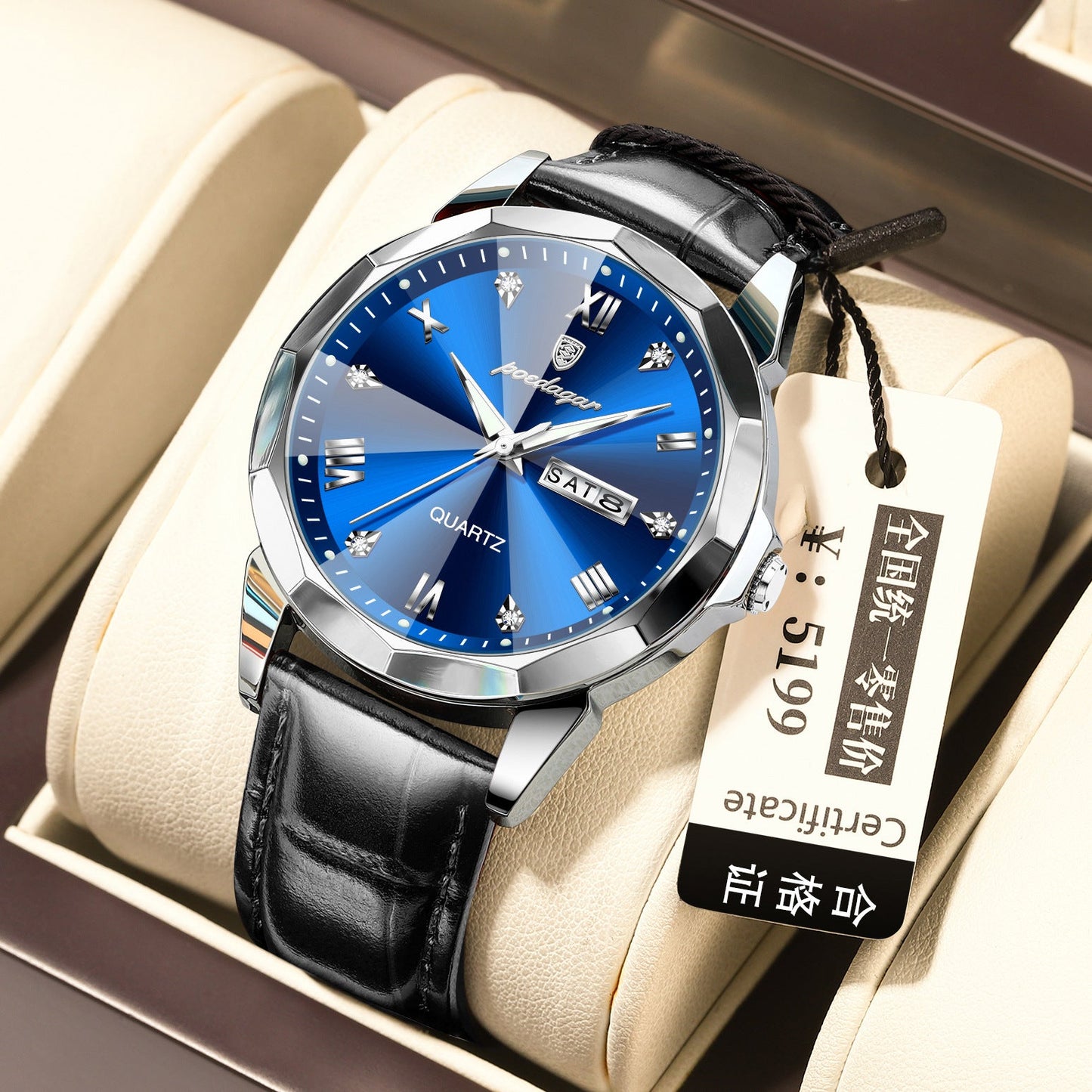 Men's waterproof luminous fashion quartz watch with blue dial and black leather strap.