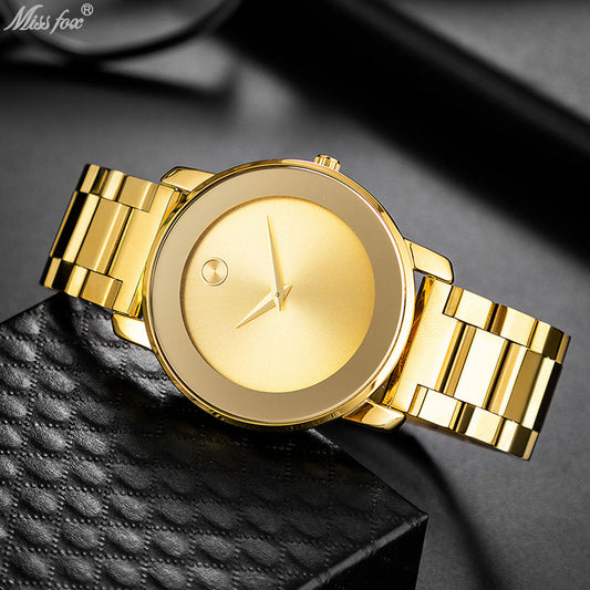 Ultra-thin men's business watch in gold stainless steel with quartz movement.