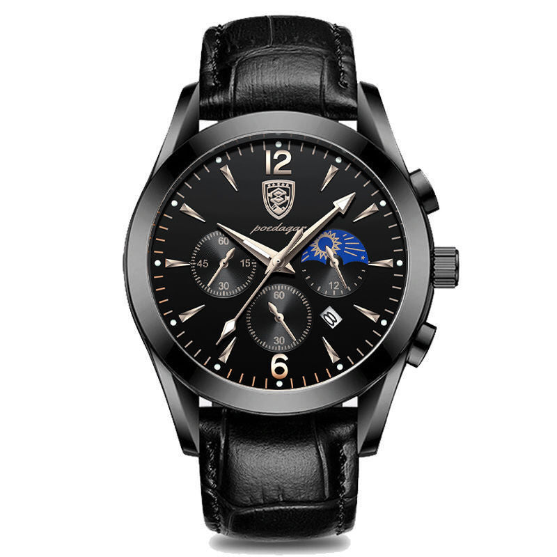Black waterproof luminous men's watch with leather strap and multiple dials.