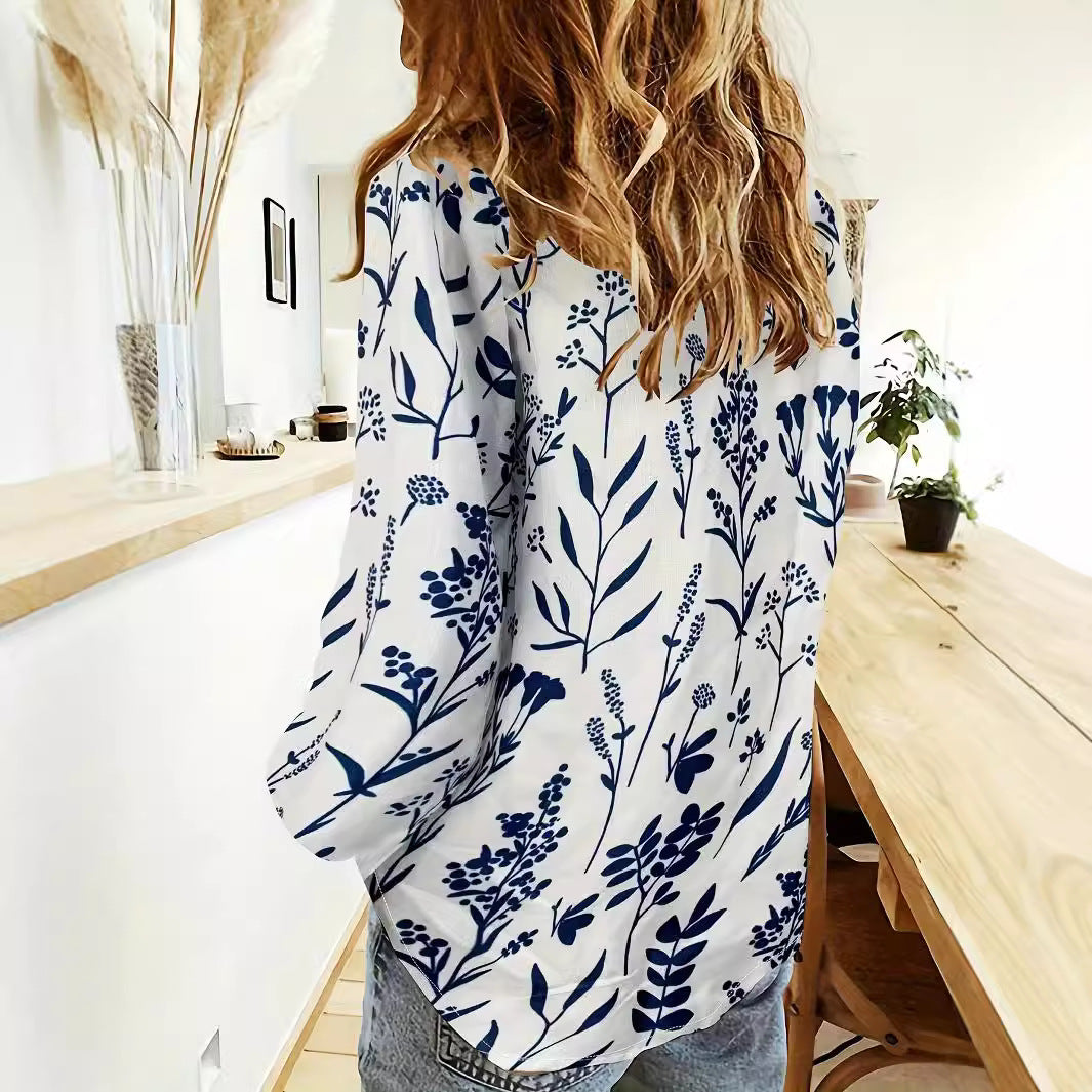 Women's 3D Digital Printing Lapel Collar Long-sleeved Shirt