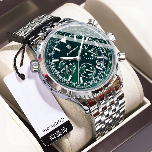 Men's waterproof multi-function watch with green dial and silver case on a stainless steel band.