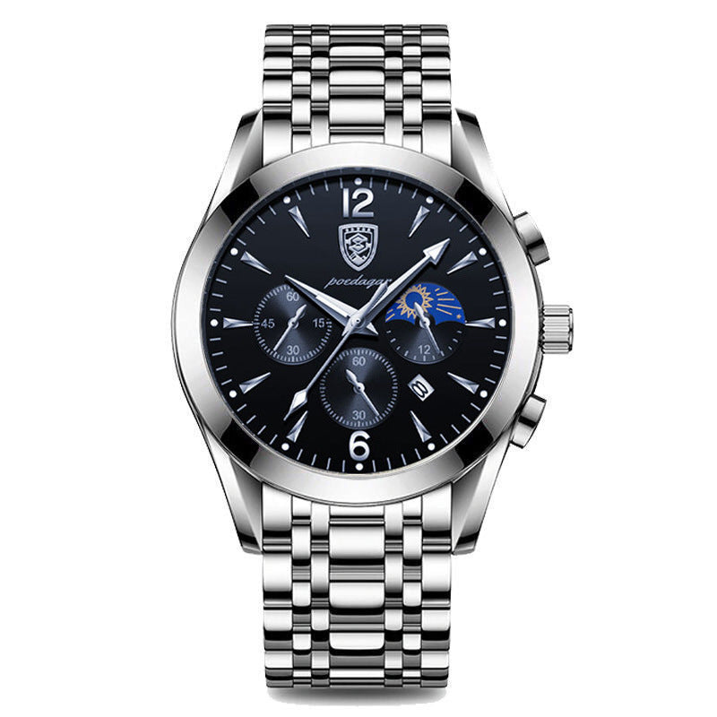 Waterproof Luminous Men's Watch with Steel Belt and Black Surface