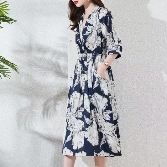 NEW Waist-controlled Lace-up 34 Sleeve V-neck Printed Skirt