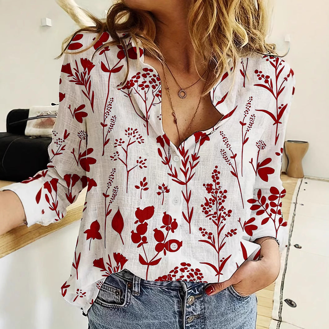 Women's 3D Digital Printing Lapel Collar Long-sleeved Shirt