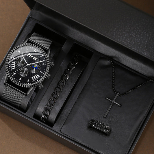 New fashion casual sports watch set with black stainless steel watch, bracelet, necklace, and ring.