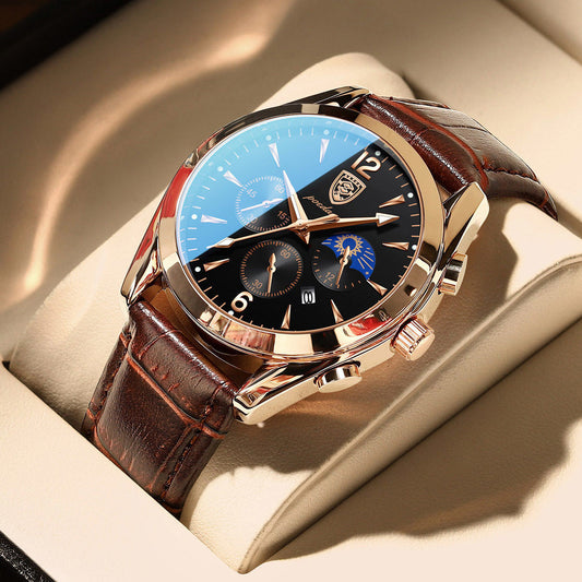 Waterproof luminous men's watch with leather strap and blue-black dial in display box.