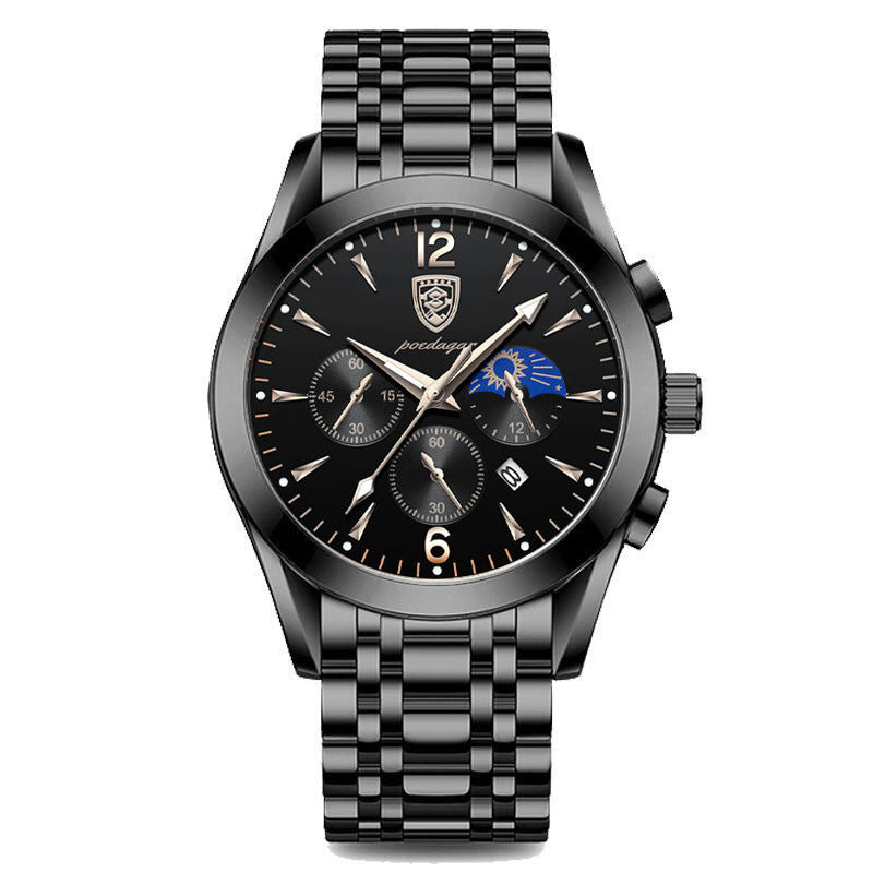 Waterproof luminous men's watch with black steel strap and black dial.