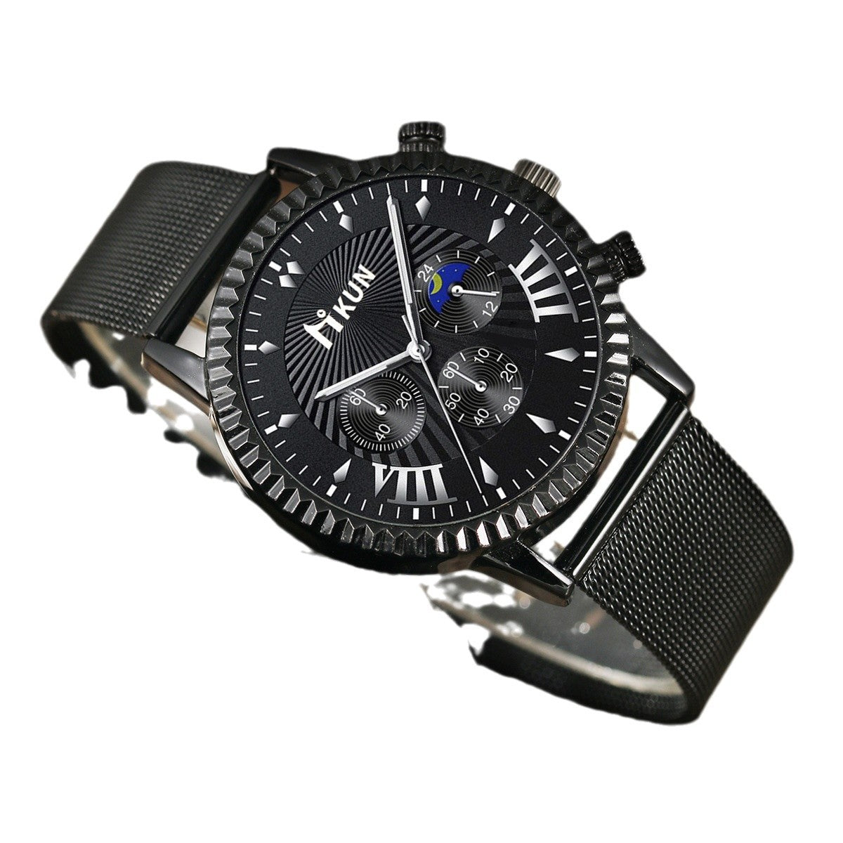 New Fashion Casual Sports Watch with black stainless steel band and sleek design.