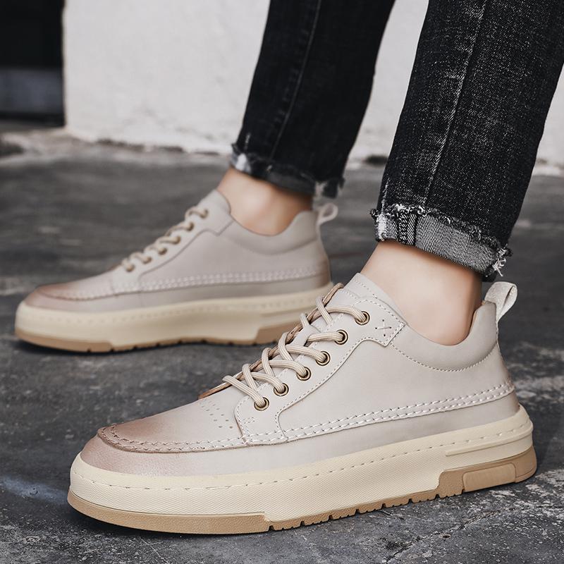 Comfortable fashion men's casual beige sneakers with flat heel and lace-up design.