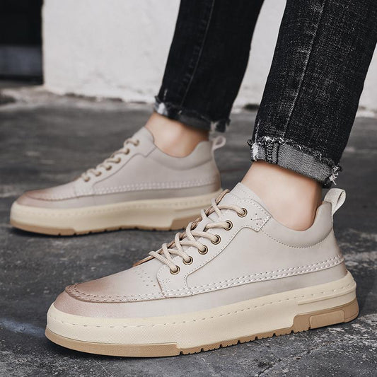 Comfortable fashion men's casual beige sneakers with flat heel and lace-up design.