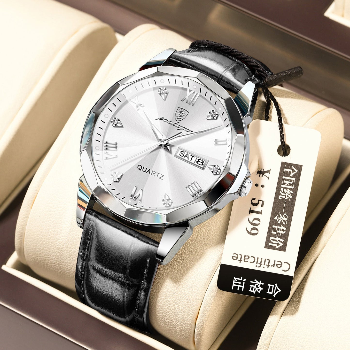 Men's waterproof luminous fashion quartz watch with silver dial and black leather strap.