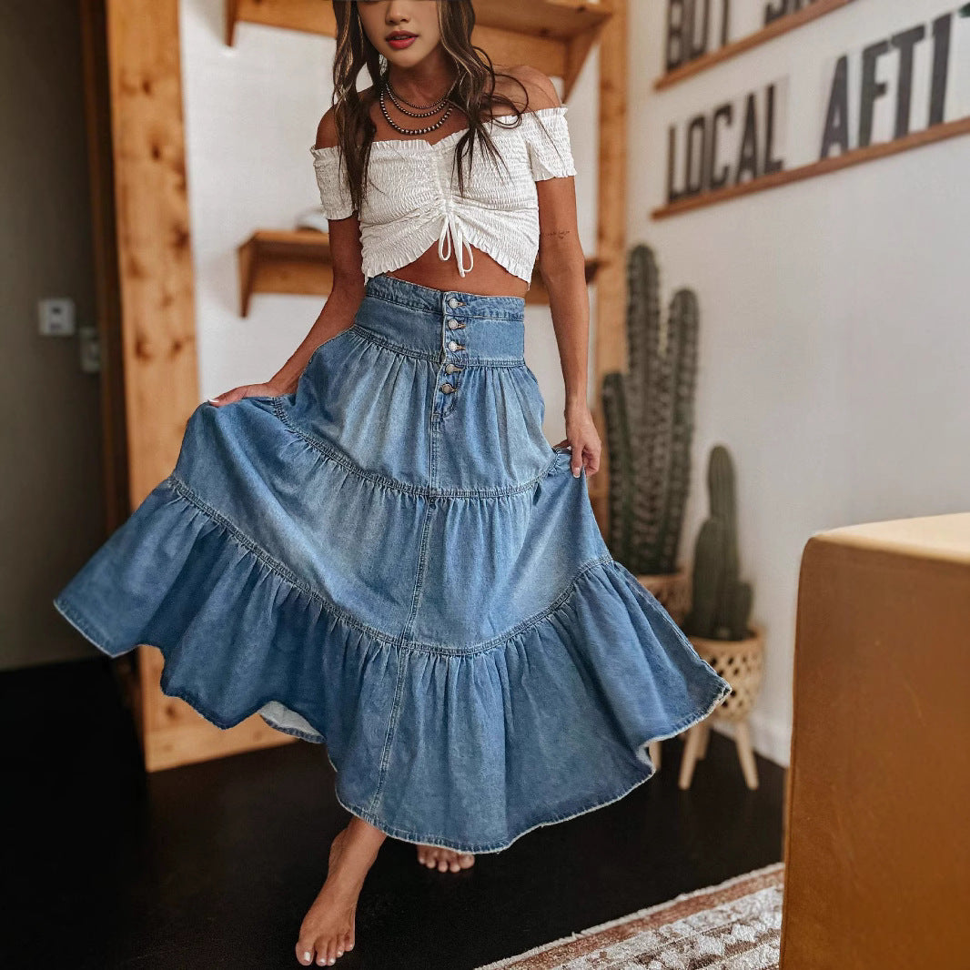 SUMMER FASHION Bohemian A- Line Layered Cake Denim Skirt