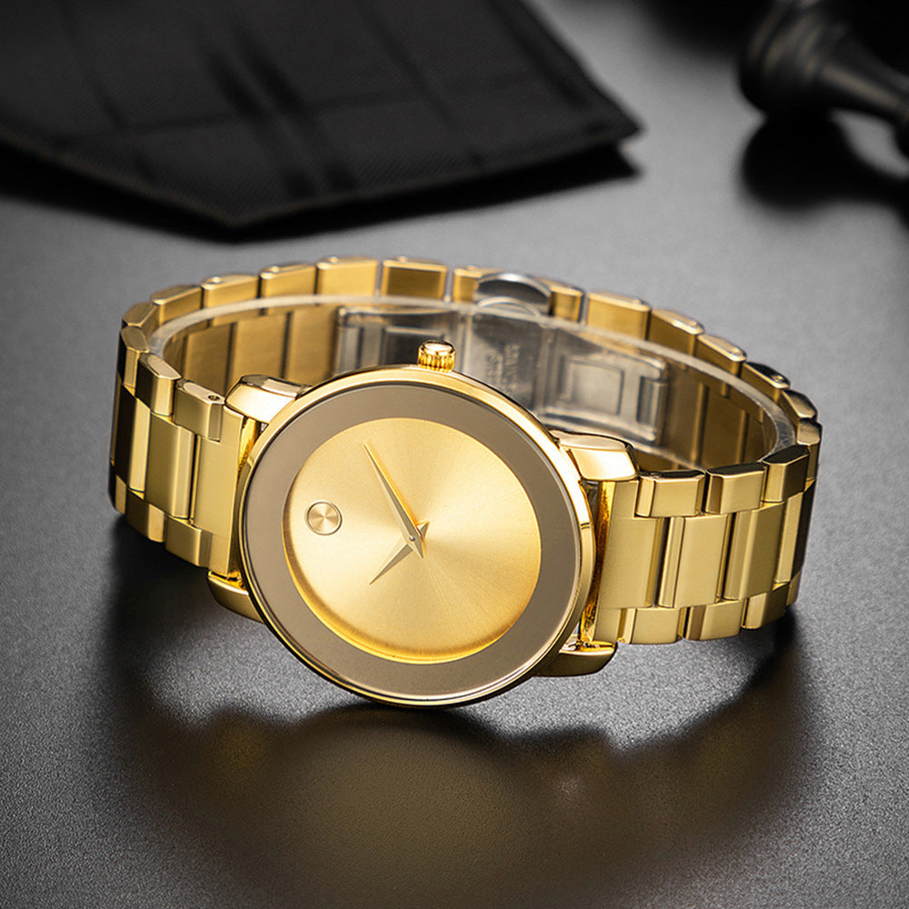 Ultra-thin men's gold stainless steel business watch with quartz movement.