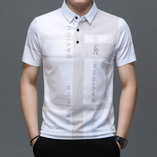 Polo shirt with fashionable lapel and short sleeves in white with subtle design.