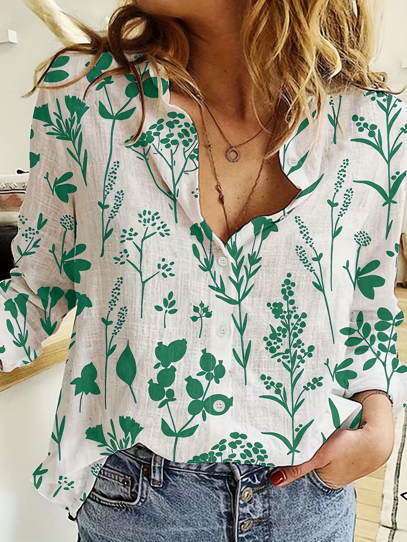Women's 3D Digital Printing Lapel Collar Long-sleeved Shirt