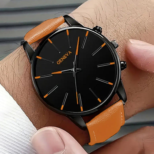 Waterproof senior electronic quartz watch with orange strap and black dial.