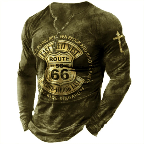 Vintage T-shirt For Men Cotton Tee Route 66 Graphic T Shirts 3D Printing Long Sleeve Tees V-Neck Oversized  Men&