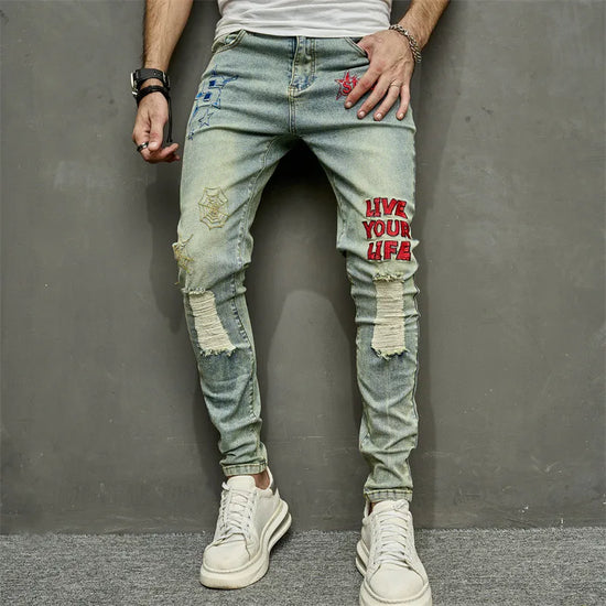 VINTAGE Stylish Embroidery RIPPED Hip hop Slim PENCIL Jeans - Swefashionstore