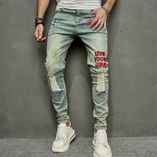 VINTAGE Stilvolle Stickerei RIPPED Hip hop Slim PENCIL Jeans