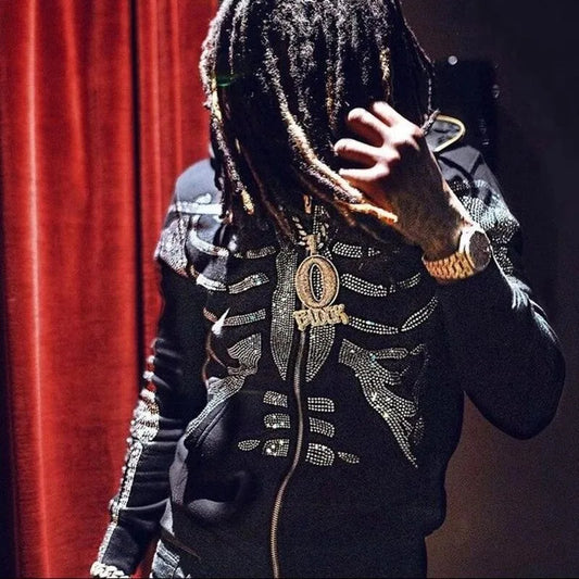Zzsykd Rhinestone Full-Zip Hoodie Skeleton Goth Sweatshirt