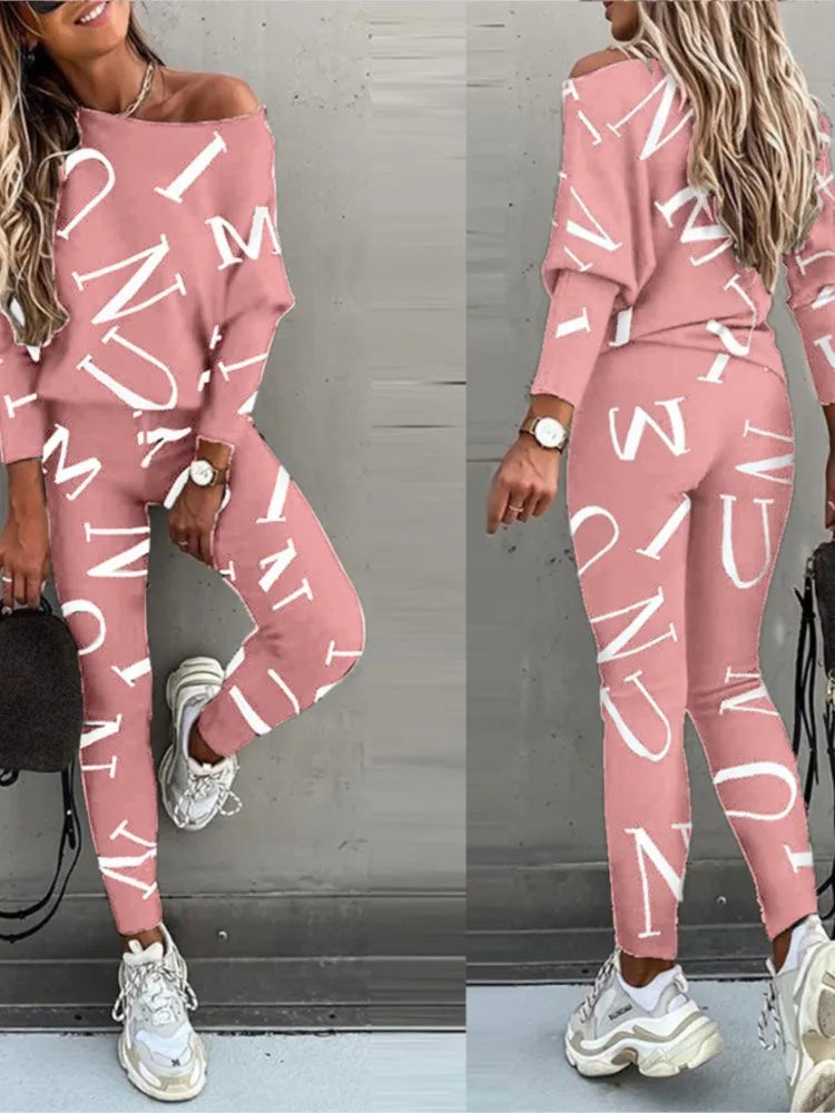 Casual pink 2-piece leggings set with letter print, ideal for comfort and style.