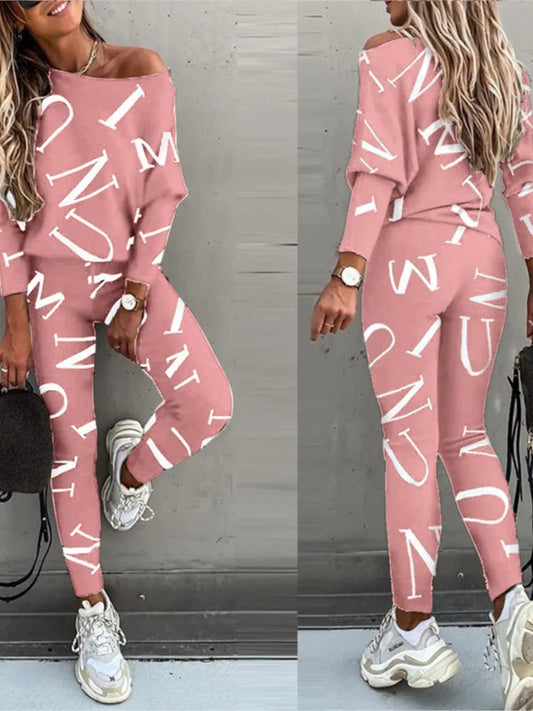 Casual pink 2-piece leggings set with letter print, ideal for comfort and style.