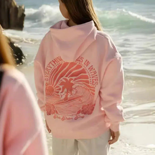 Women Fashion PINK PALM PUFF Embroidery Hoodies