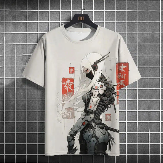 Japanese T-Shirt For Men Mechanical Character Graphic T Shirts Short Sleeve Printing Tees Outdoor Oversized Men&