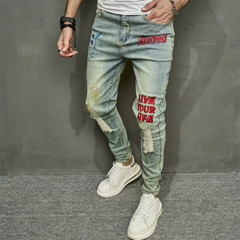 VINTAGE Stilvolle Stickerei RIPPED Hip hop Slim PENCIL Jeans