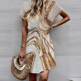 Printed Bat Sleeves Lace V-Neck Dress - Swefashionstore