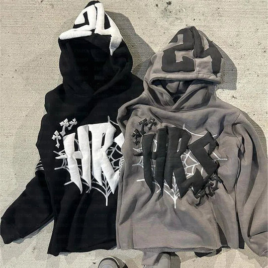 HIZILENT Hoodie Spider-Web Printed Streetwear Y2K