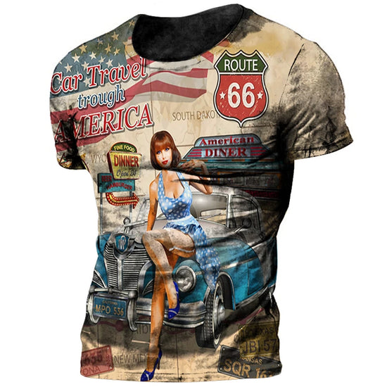 Vintage 66 Route T-shirt For Men 3d Printed Biker Motor Men&