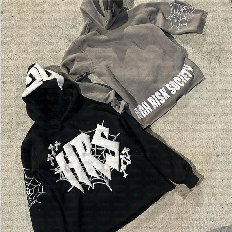 HIZILENT Hoodie Spider-Web Printed Streetwear Y2K