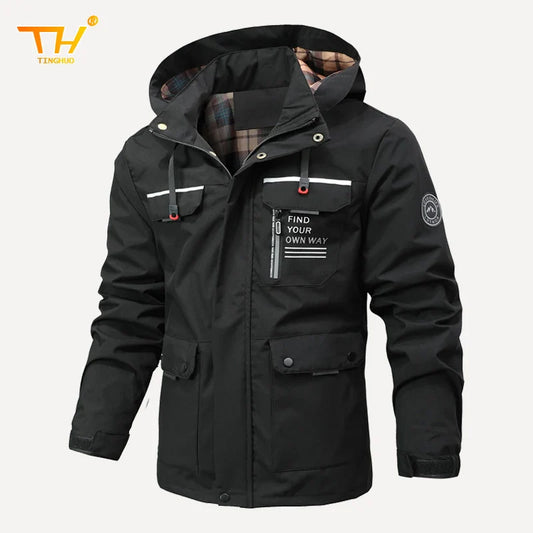 TINGHUO men's spring jacket, light, breathable, windproof with hood and pockets.