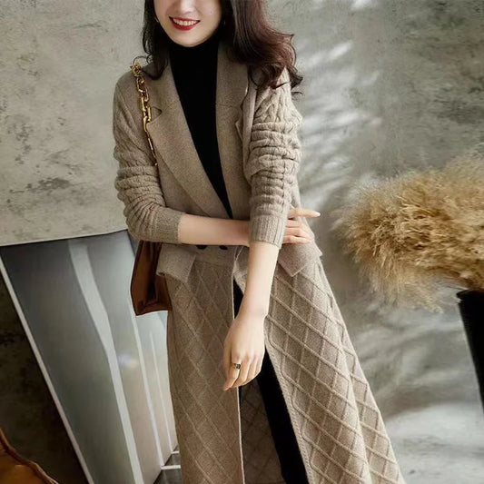 Cashmere sweater ladies wool windbreaker cardigan in camel, featuring a knit design with turn-down collar and single-breasted closure.