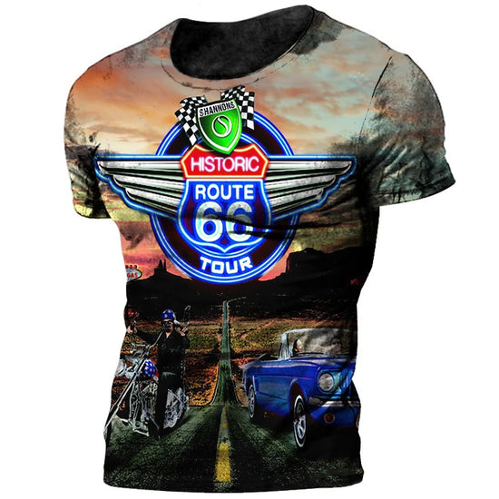 Vintage 66 Route T-shirt For Men 3d Printed Biker Motor Men&