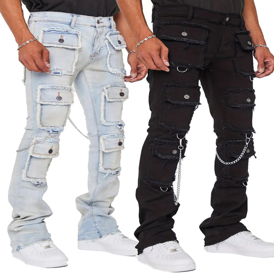 STRAIGHT Pants Mid Waist Denim PATCHWORK Zipper Fly Cargo Jeans - Swefashionstore