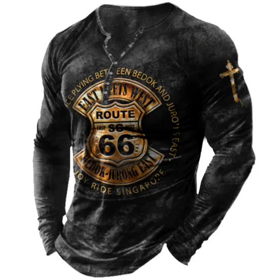 Vintage T-shirt For Men Cotton Tee Route 66 Graphic T Shirts 3D Printing Long Sleeve Tees V-Neck Oversized  Men&