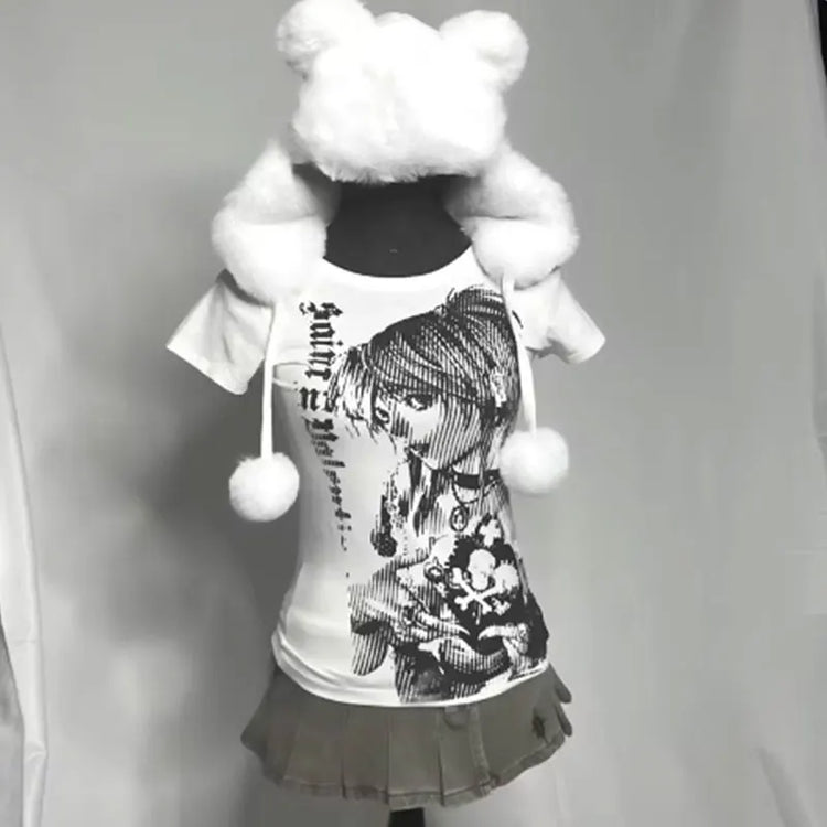 MOOYUFON Y2k ANIME Streetwear O-neck 90s Text Printing Tops - Swefashionstore