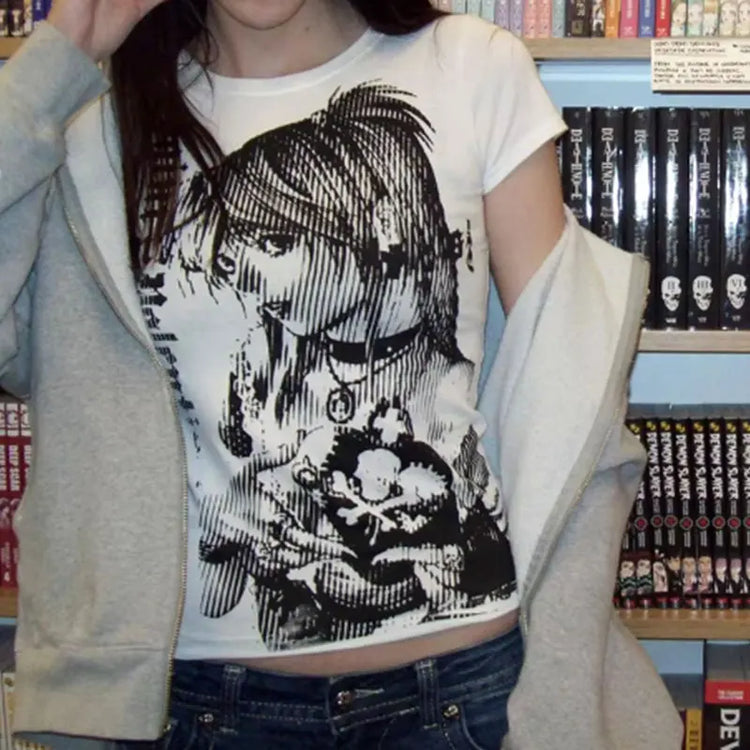 MOOYUFON Y2k ANIME Streetwear O-neck 90s Text Printing Tops - Swefashionstore