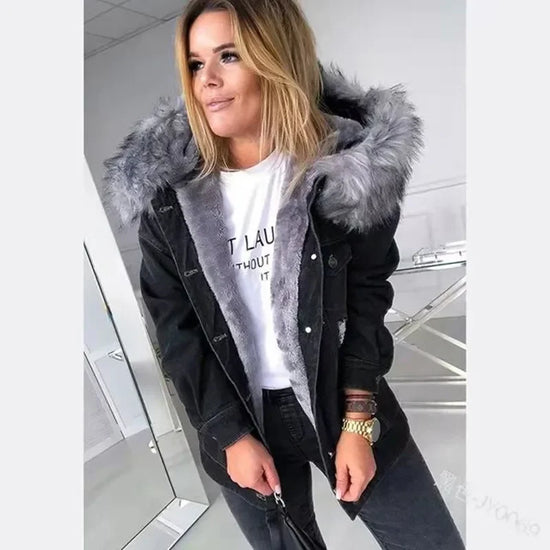 Women Denim Coat Thick Warm Hooded Fur Collar Single Breasted Full Sleeve - Swefashionstore