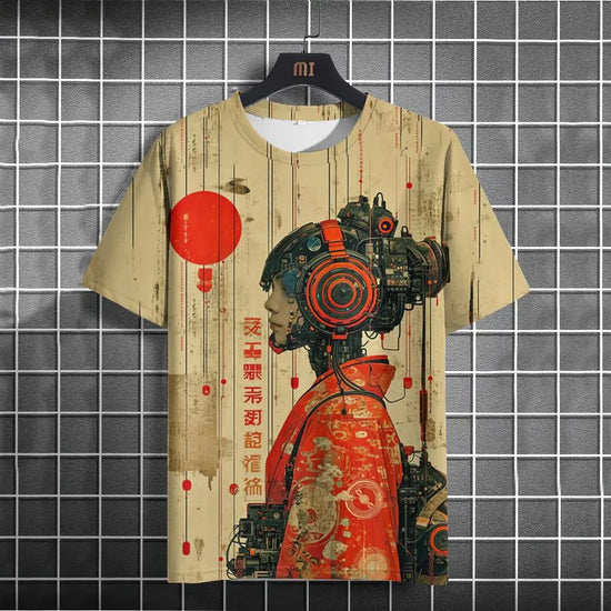 Japanese T-Shirt For Men Mechanical Character Graphic T Shirts Short Sleeve Printing Tees Outdoor Oversized Men&