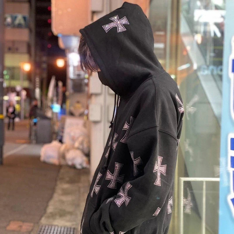 Zzsykd Rhinestone Full-Zip Hoodie Skeleton Goth Sweatshirt